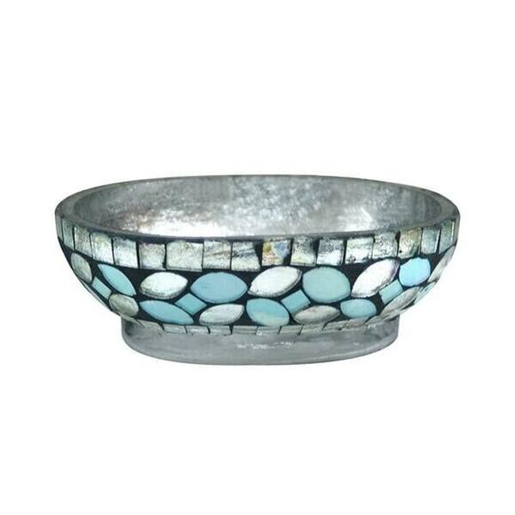 Nu Steel Silver & Sea Foam Glass Mosaic Soap or Trinket Dish retail 45.29- NEW - Picture 1 of 4
